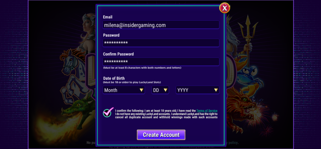 LuckyLand Slots sign-up form with email, password, and birthdate fields for creating a new sweepstakes casino account