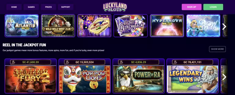 LuckyLand Slots game selection page featuring Atlantis 10K Ways, Stampede Fury 2, Power of Ra, and other jackpot slots with real Sweeps Coins and Gold Coins prizes