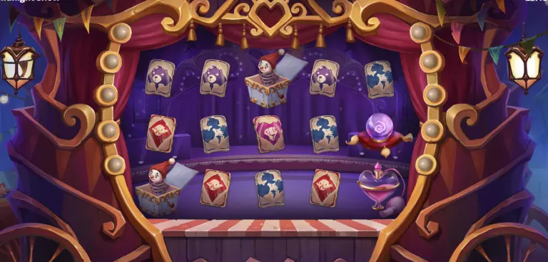 Midnight Show slot game featuring a circus-themed stage with clown jack-in-the-box symbols, tarot-style cards, and mystical elements like a crystal ball and potion bottle