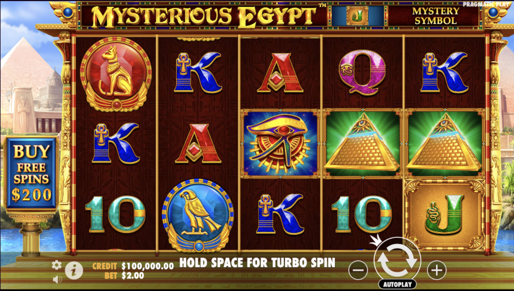 Mysterious Egypt slot game by Pragmatic Play featuring ancient Egyptian symbols like pyramids, the Eye of Ra, scarabs, and Anubis, with an option to buy free spins