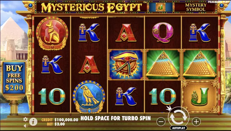 Mysterious Egypt slot game by Pragmatic Play featuring ancient Egyptian symbols like pyramids, the Eye of Ra, scarabs, and Anubis, with an option to buy free spins