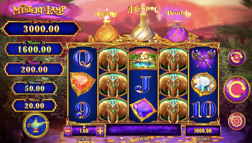 Mystery of the Lamp Treasure Oasis slot game with vibrant reels, jackpot tiers, and a magical Arabian theme featuring elephants and gemstones