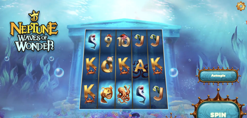 Neptune Waves of Wonder underwater slot game featuring sea creatures, golden symbols, and a mythical oceanic temple backdrop