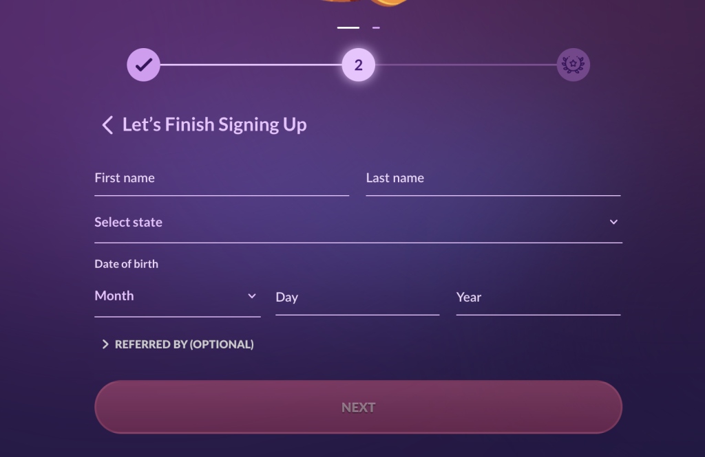 PlayFame Casino sign-up form requesting first name, last name, state selection, and date of birth with an optional referral field, step 2 of the registration process