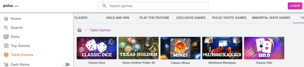 Pulsz Casino table games menu featuring Classic Dice, Texas Hold'em Poker 3D, Classic Mines, Multihand Blackjack, and Classic Hilo