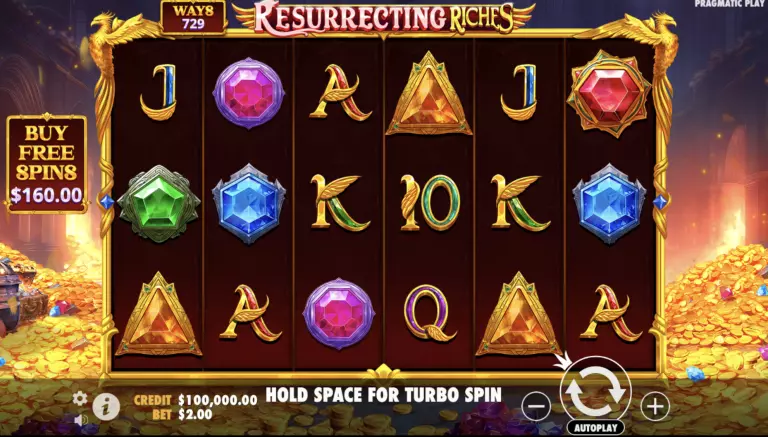 Resurrecting Riches slot game by Pragmatic Play featuring vibrant gemstone symbols, golden phoenix accents, 729 ways to win, and a $160 buy free spins option