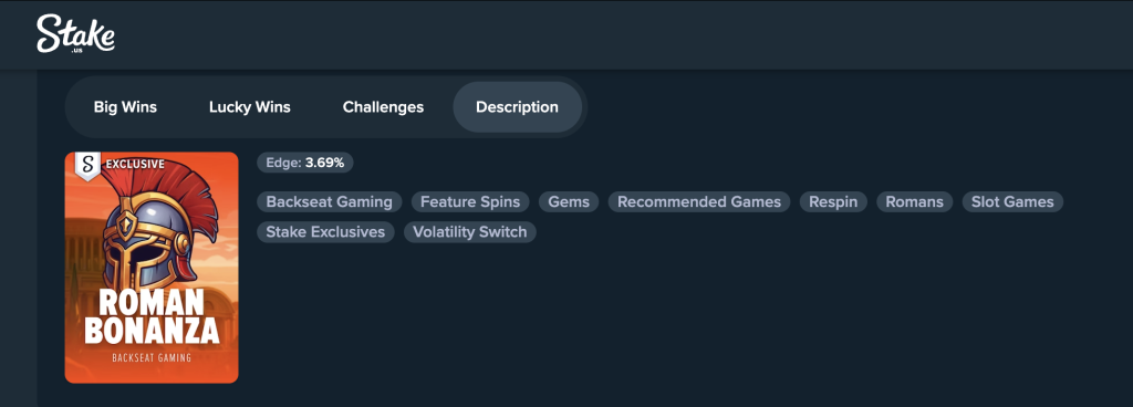 Roman Bonanza slot game by Backseat Gaming on Stake.us, an exclusive online slot with a 3.69% edge, featuring respins, feature spins, volatility switch, and Roman-themed gameplay