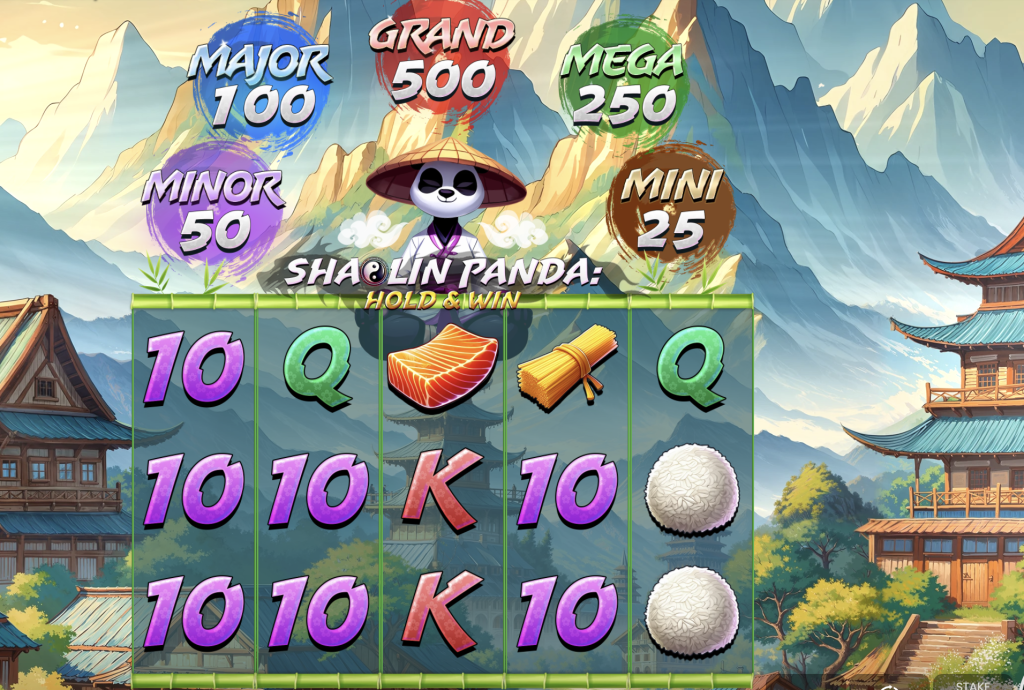 Shaolin Panda Hold & Win slot game featuring Asian-themed symbols, jackpot prizes, and a meditating panda in a serene mountain village setting