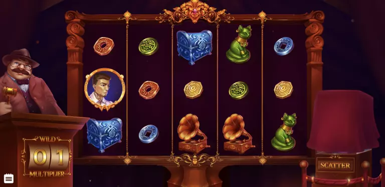 Sold It slot game featuring an auction-themed design with symbols like antique gramophones, treasure chests, collectible coins, and a wild multiplier counter