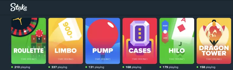 Stake.us Original Games lineup featuring Roulette, Limbo, Pump, Cases, HiLo, and Dragon Tower with real-time player counts