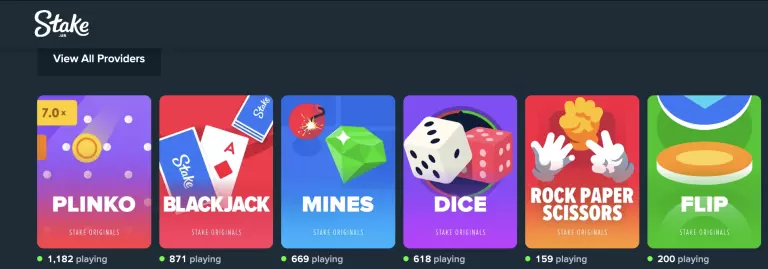 Stake.us Originals game selection featuring Plinko, Blackjack, Mines, Dice, Rock Paper Scissors, and Flip with real-time player counts.