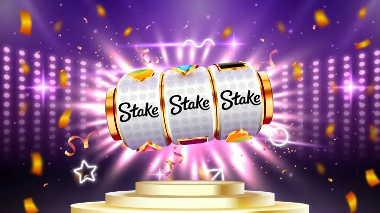 Animated slot machine with triple 'Stake' logo jackpot on a golden pedestal, surrounded by confetti and neon lights on a vibrant purple casino background