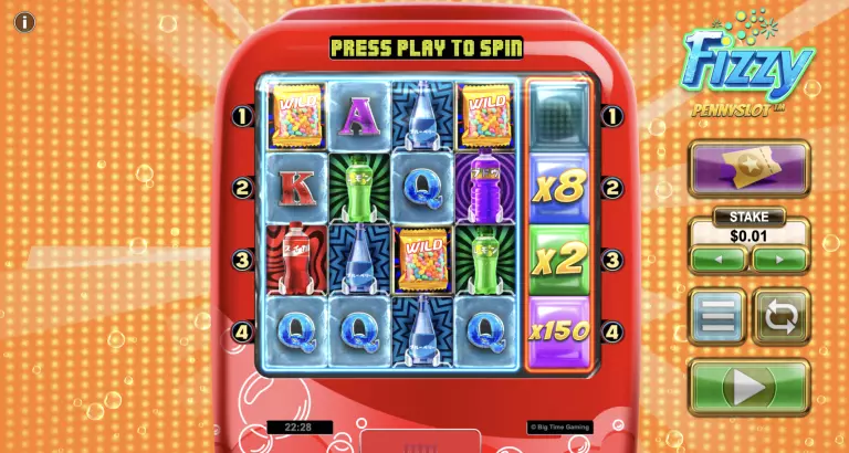 The Fizzy Penny Slot game interface with soda-themed symbols, wild multipliers, and $0.01 stake shown on a vibrant orange background