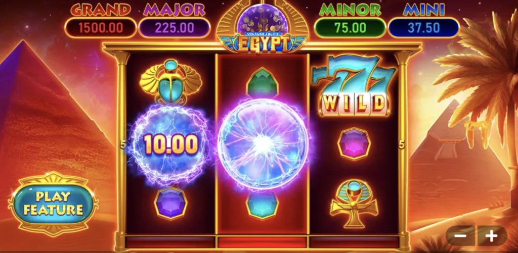 Voltage Blitz Egypt Hold & Win slot game featuring electrifying bonus symbols, 777 wilds, jackpot tiers including Grand, Major, Minor, and Mini, set against a pyramid and desert backdrop