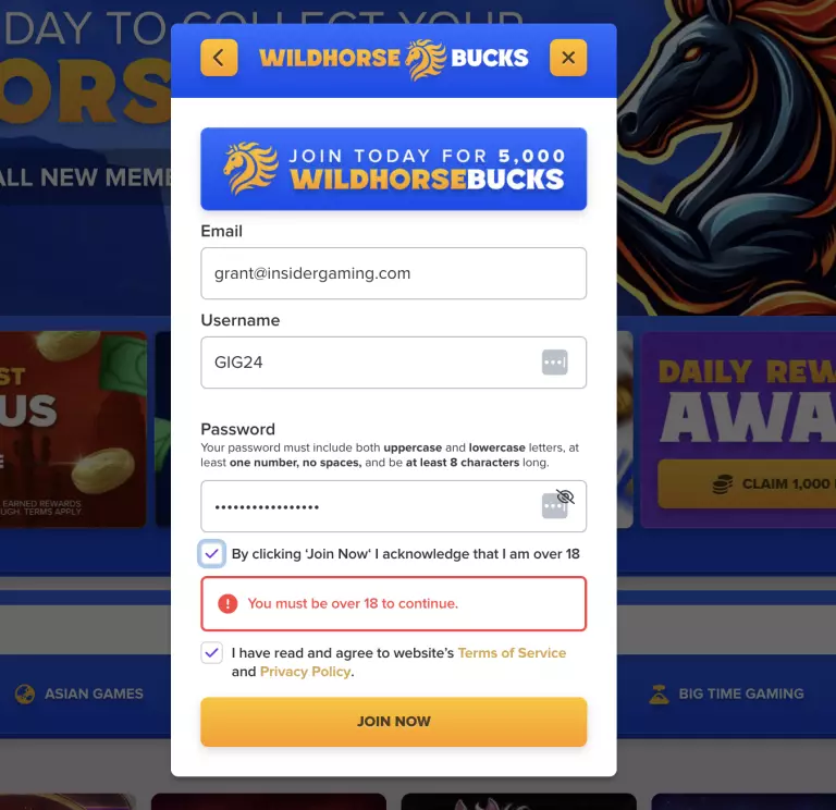 WildHorse Bucks social casino sign-up form showing email, username, password fields, age verification notice, and Join Now button for 5,000 free coins bonus.