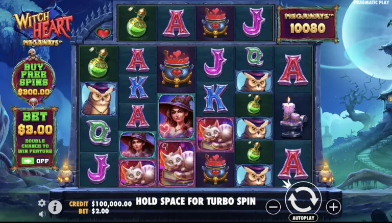 Witch Heart Megaways slot game by Pragmatic Play featuring spellbook symbols, free spins buy option, and 10,080 Megaways on a spooky night backdrop
