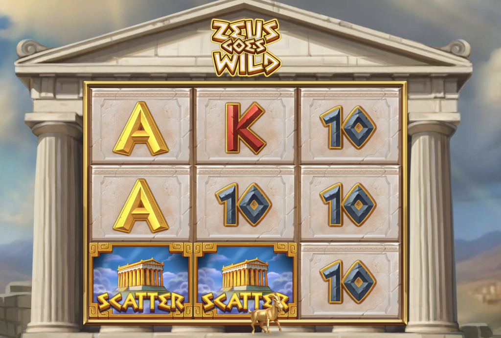 Zeus Goes Wild slot game screen featuring Parthenon scatter symbols, ancient Greek-themed reels, and bold letter symbols on a temple backdrop