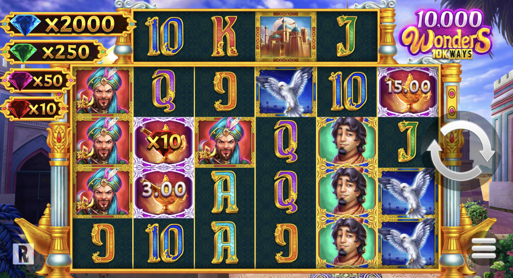 10,000 Wonders 10K Ways slot game with vibrant Arabian-themed reels featuring genies, magic lamps, and bonus multipliers