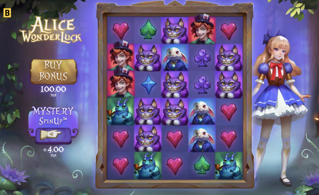Alice Wonderluck slot game featuring fantasy characters including Alice, the Mad Hatter, Cheshire Cat, and White Rabbit on a vibrant 5x6 reel grid with options to buy bonus and activate Mystery SpinUp feature