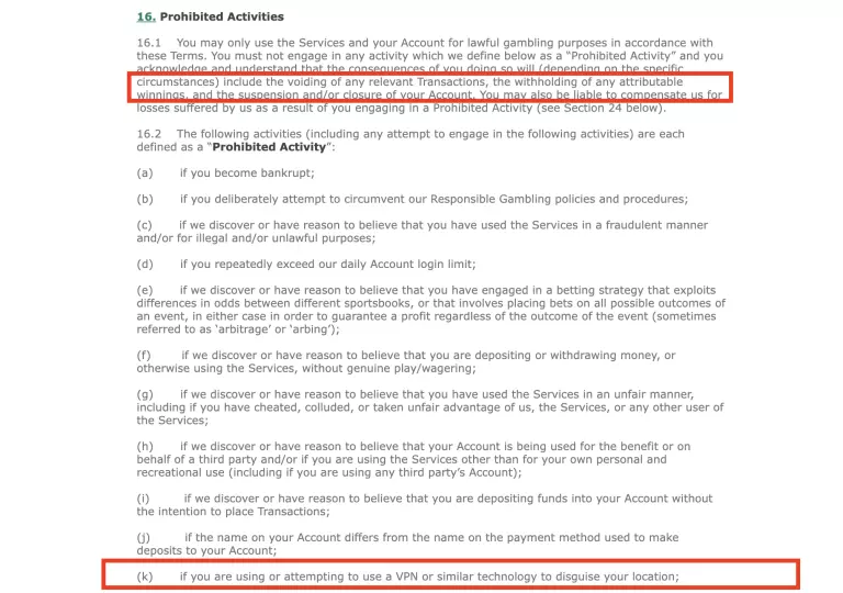 Bet365 terms and conditions highlighting prohibited activities including fraud, arbitrage betting, multiple account use, VPN usage to disguise location, and potential account suspension or voided winnings