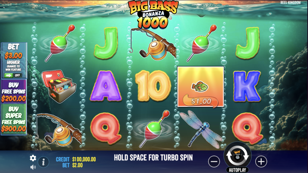 Big Bass Bonanza 1000 slot game screen featuring underwater fishing theme with colorful symbols and free spins options
