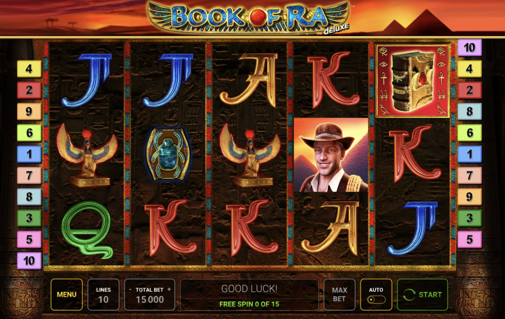 Book of Ra Deluxe online slot game featuring ancient Egyptian symbols, free spin counter, explorer character, and 5-reel layout with 10 paylines