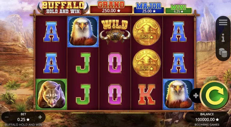 Buffalo Hold and Win slot game by Booming Games featuring wild buffalo symbols and jackpot prizes