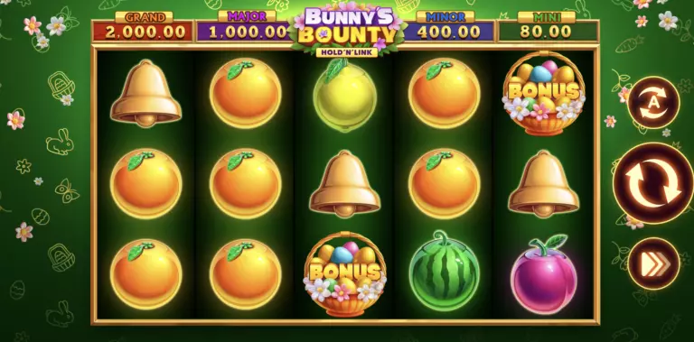 Bunnyâs Bounty Hold & Link slot game screen featuring fruit symbols, golden bells, and Easter basket bonus icons with visible jackpot tiers including Grand, Major, Minor, and Mini prizes.