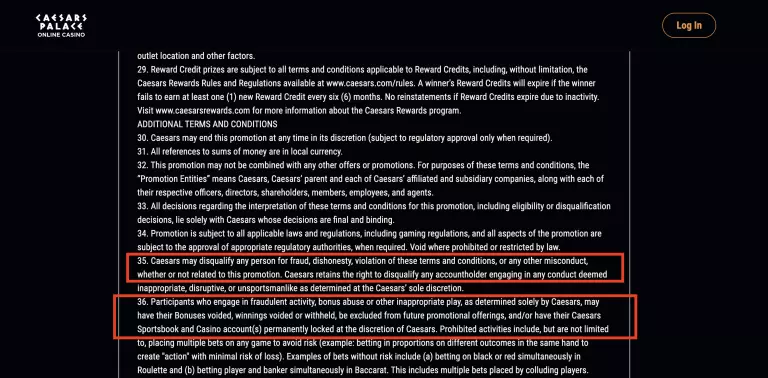 Caesars Palace Online Casino terms and conditions outlining bonus abuse, fraud, multiple bet restrictions, and rules on disqualification for promotional offers