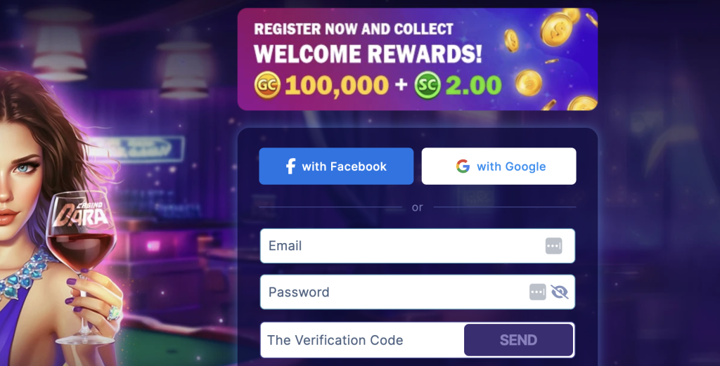 Dara Casino sign-up form offering 100,000 Gold Coins and 2.00 Sweepstakes Coins welcome bonus with Facebook and Google registration options