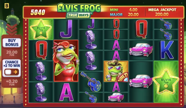 Elvis Frog Trueways slot game with colorful frog characters, classic cars, guitars, and microphone symbols on a vibrant Las Vegas-themed background