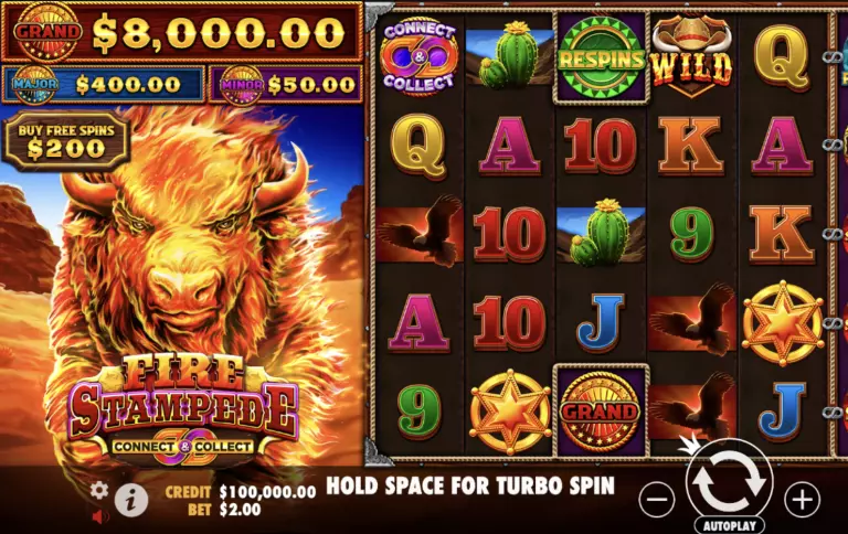 Fire Stampede Connect & Collect slot game interface featuring bonus jackpots, wild symbols, and buy free spins option