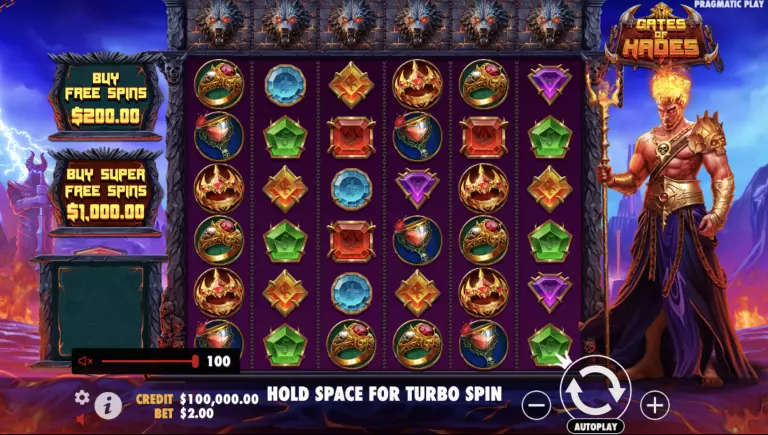 Gates of Hades online slot game by Pragmatic Play featuring fiery mythological theme, gemstone symbols, and buy free spins options with $200 and $1,000 bonus buys