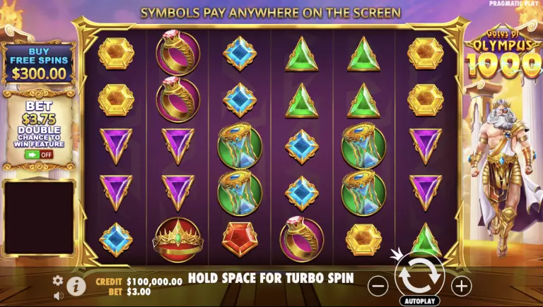 Gates of Olympus 1000 online slot game screen featuring Zeus and vibrant gemstone symbols with a $300 Buy Free Spins option and Turbo Spin feature by Pragmatic Play.