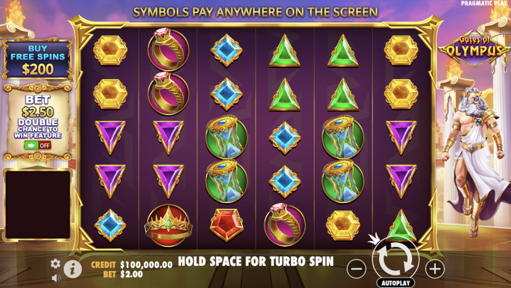 Gates of Olympus online slot game by Pragmatic Play featuring Greek mythology theme with Zeus, vibrant gem symbols, a $2.50 bet, turbo spin option, and a Buy Free Spins feature for $200
