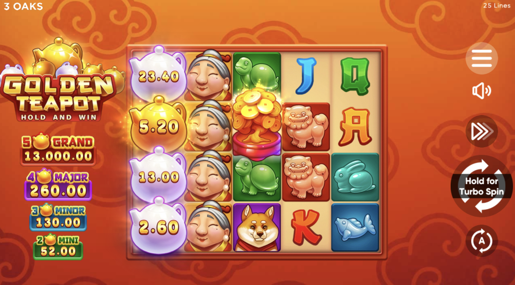 Golden Teapot Hold and Win slot game screen by 3 Oaks featuring jackpot teapots, bonus prizes, and vibrant Asian-themed symbols