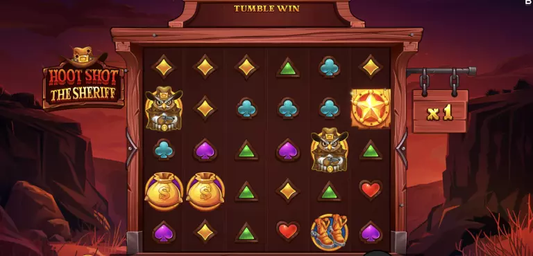 Hoot Shot the Sheriff online slot game featuring a Wild West theme with cartoon owls as sheriffs, colorful card suits, gold bags, cowboy boots, and a star badge bonus symbol against a canyon sunset backdrop.