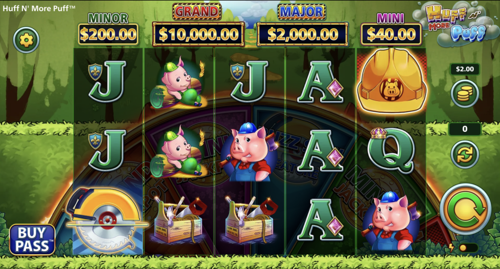 Huff Nâ More Puff online slot game featuring the Three Little Pigs theme, construction tools, hard hat scatter symbol, and jackpot prizes including Grand, Major, Minor, and Mini wins with vibrant forest background