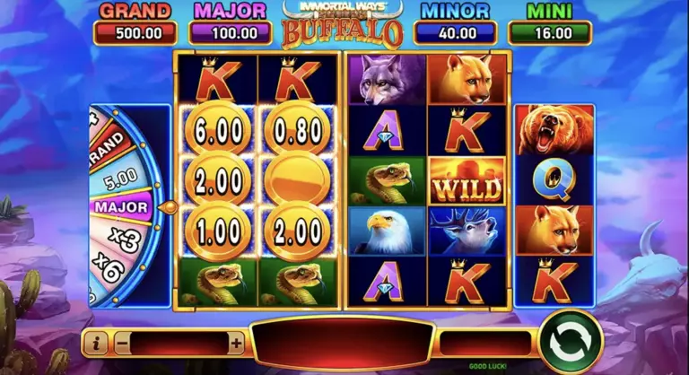 Immortal Ways Buffalo slot game interface showcasing golden coin rewards, wild animal symbols, and a bonus spin wheel with Grand, Major, Minor, and Mini jackpots