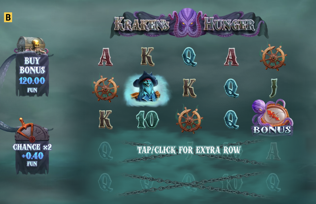 Krakenâs Hunger slot game interface featuring pirate-themed symbols, spooky captain wilds, bonus trigger icons, and 'Buy Bonus' and 'Extra Row' features in a deep sea setting