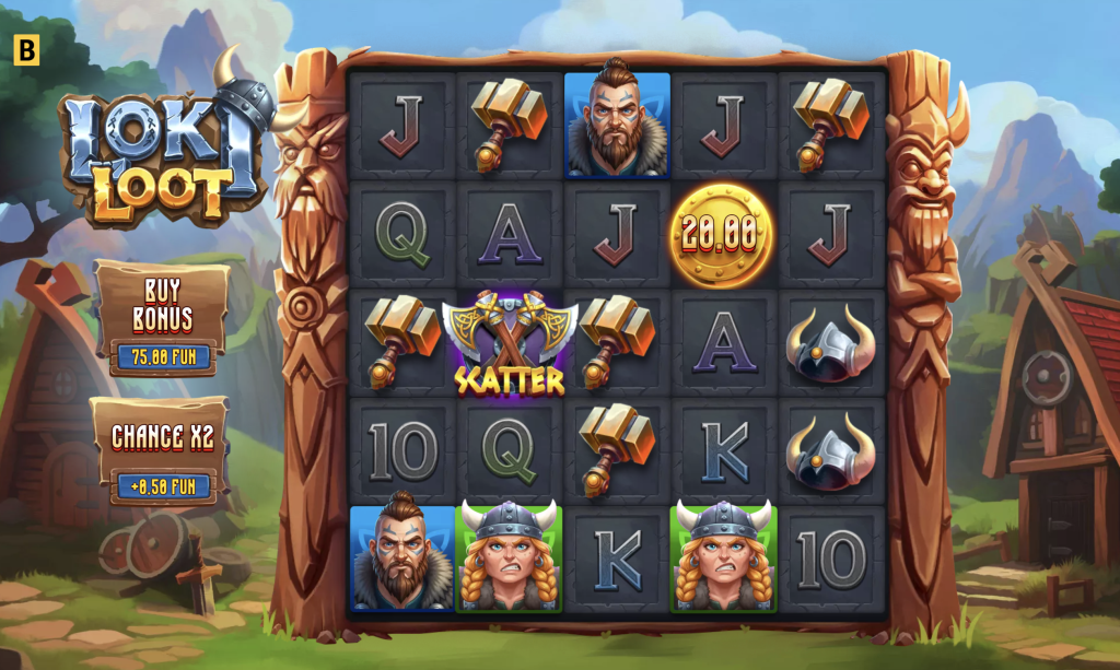 Loki Loot slot game interface featuring Viking-themed graphics, character symbols, hammers, coins, and scatter icons, with bonus buy and chance multiplier options in a Nordic village setting
