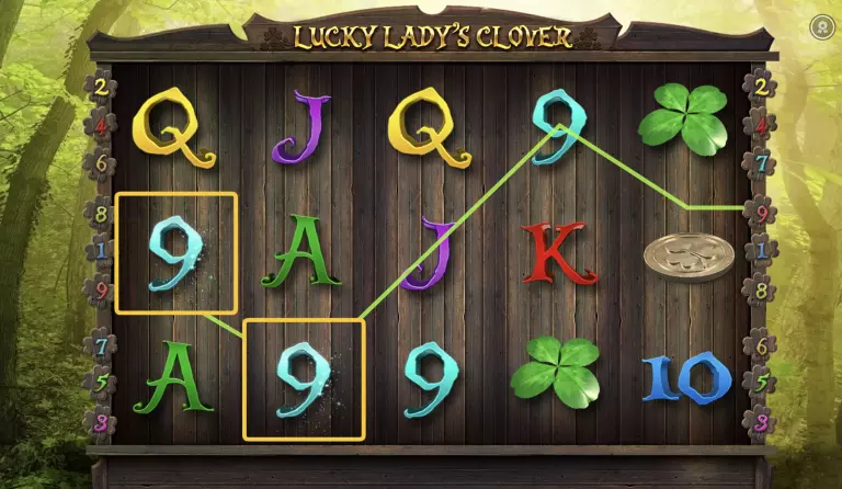 Lucky Ladyâs Clover slot game interface with a winning payline highlighted across matching number 9 symbols on a wooden reel background set in a forest theme