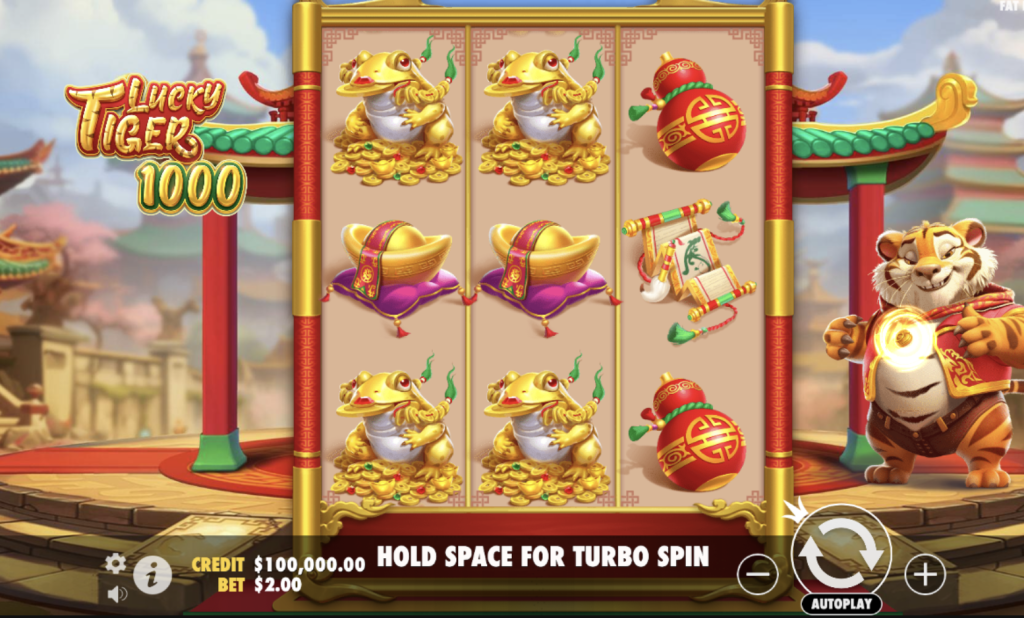 Lucky Tiger 1000 slot game featuring golden toads, Chinese-themed symbols, and turbo spin option in an Asian-inspired setting