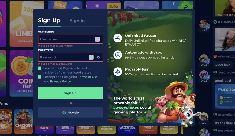 LuckyBird Casino sign-up form with username and password fields, showcasing benefits like unlimited faucet, instant withdrawals, and provably fair sweepstakes gaming