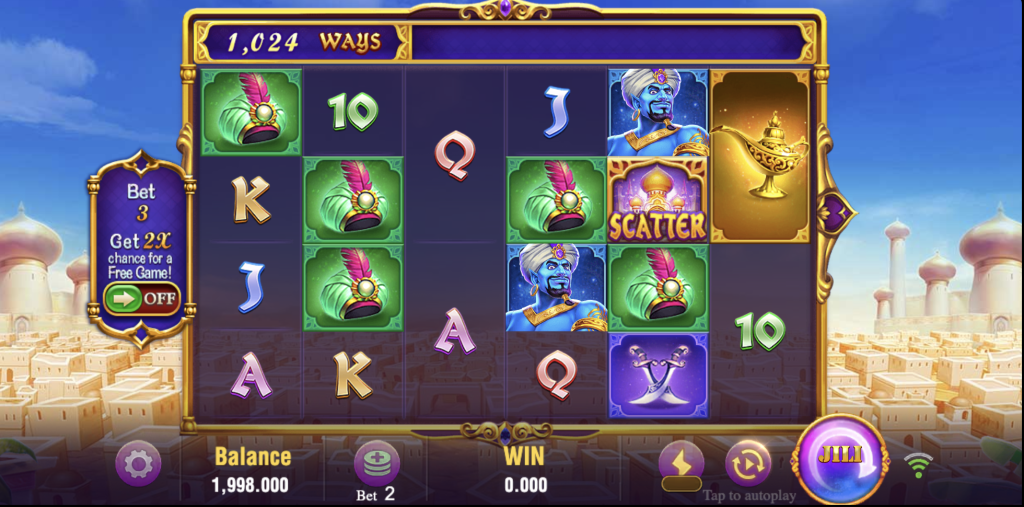 Magic Lamp slot game interface featuring 1,024 ways to win, scatter symbols, and Aladdin-themed graphics by JILI Games