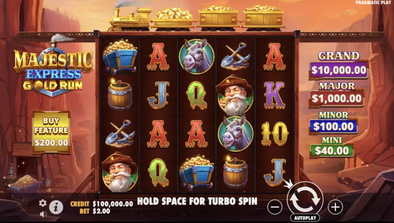 Majestic Express Gold Run slot game interface featuring a gold mining train theme, vibrant symbols of miners, donkeys, tools, and gold carts, with jackpot tiers ranging from $40 to $10,000 and a buy feature option for $200