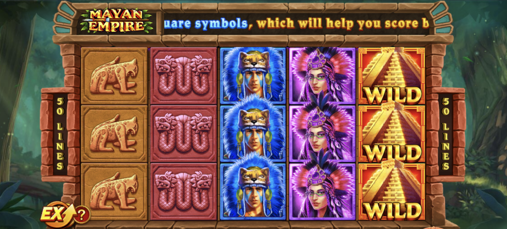 Mayan Empire slot game reels featuring 50 paylines, ancient Mayan symbols, and pyramid wilds in a jungle-themed background