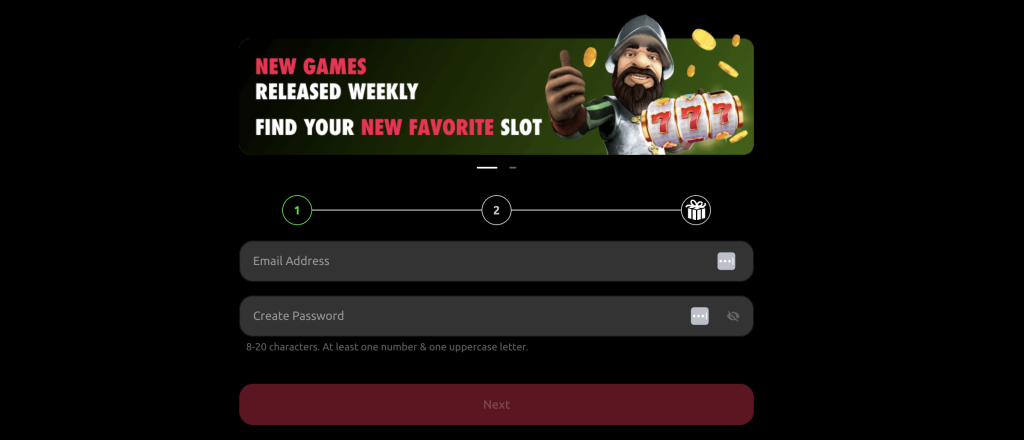 McLuck Casino sign-up form featuring email and password registration with a banner promoting new slot games released weekly