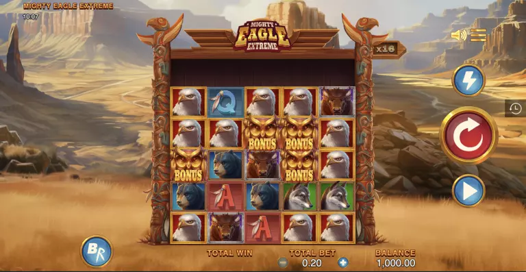 Mighty Eagle Extreme slot game featuring eagles, wolves, bison, and bonus symbols set in a desert canyon background with a 5x5 reel layout and multiplier displayed