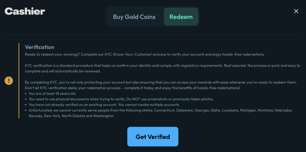 Moonspin Casino redemption conditions screen highlighting KYC verification requirements for claiming winnings, including age restriction, document submission rules, and state exclusions such as New York and Michigan